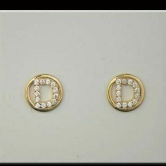 14k Yellow or White Gold Round Initial Letters CZ Stud Earring Letter 